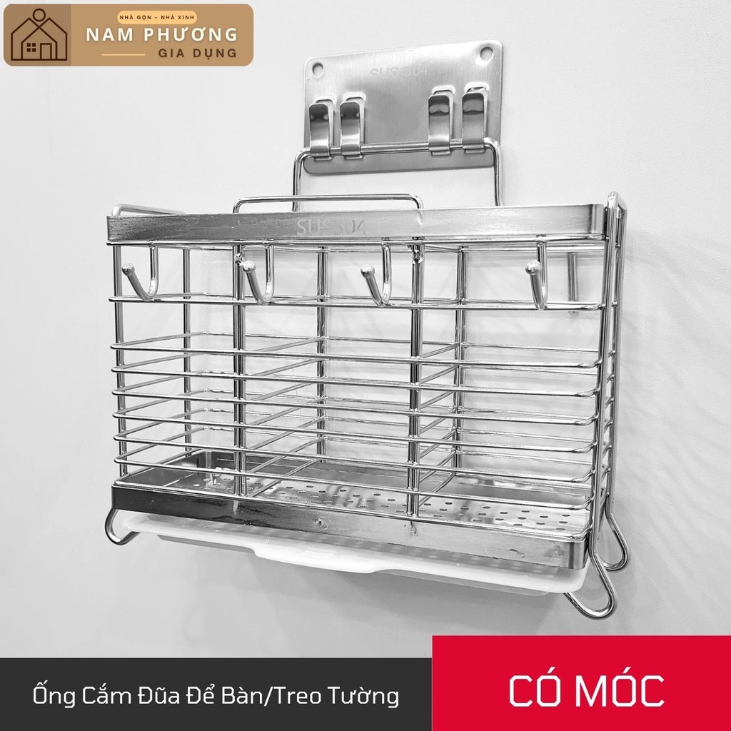 Ống Cắm Đũa Inox Để Bàn/Treo Tường Có Khay Hứng Nước K28 - Giữ đũa, thìa, dĩa luôn sạch sẽ và tiện lợi