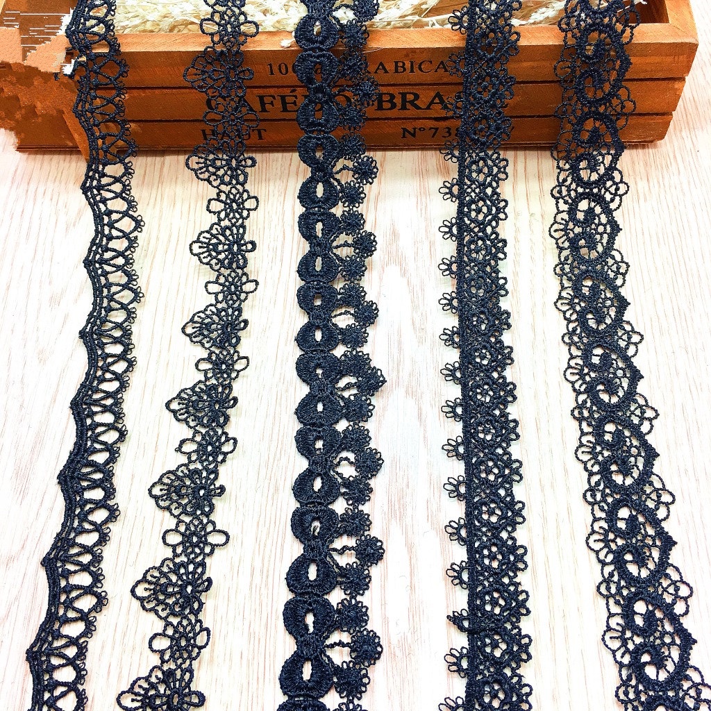 Cuộn Dây Ruy Băng Thêu Ren Hoa Màu Trắng Đen Dài 1 Yard Dùng Trang Trí Đầm DIY