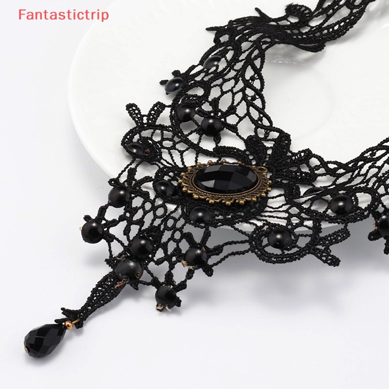 [Fantastictrip] Vòng Cổ Choker Ren Đen Đính Hạt Đá Quý Quyến Rũ Phong Cách Gothic Quà Tặng Đẹp Cho Phụ Nữ