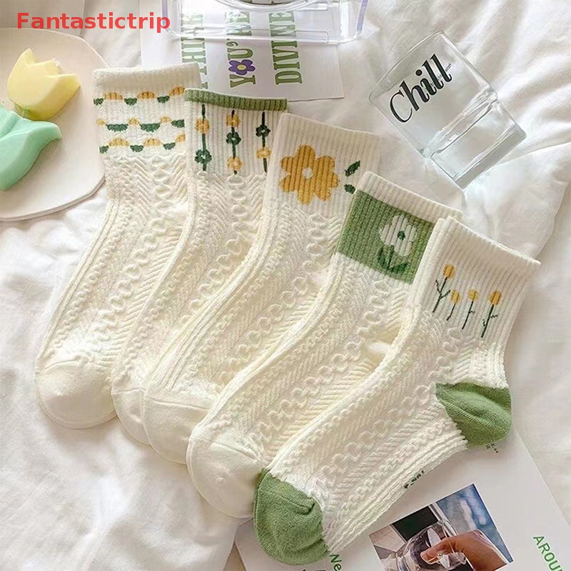 [Fantastictrip] Set 5 Cặp Vớ Cotton Trắng Thấm Hút Mồ Hôi Ngắn Hình Hoa Nhỏ Phong Cách Nhật Bản Dành Cho Nữ Mới