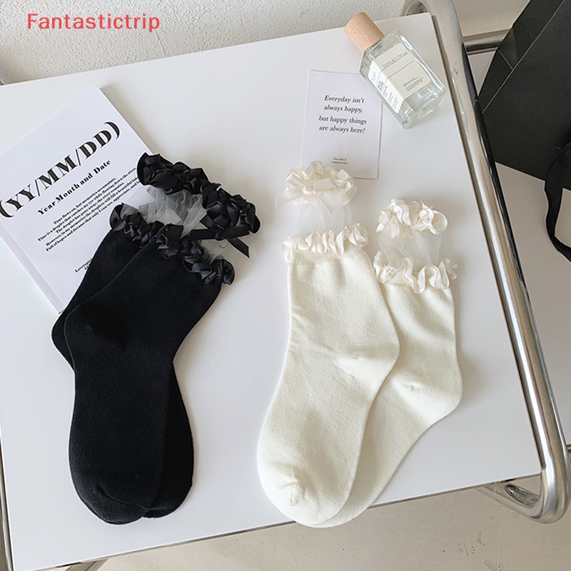 [Fantastictrip] Vớ Ren Ống Vừa Màu Trơn Đính Nơ Thời Trang Xuân Hè Cho Trẻ Em JK Lorita Mary Jean Tidal ins Mới