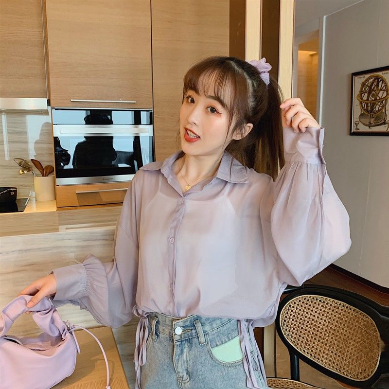 Áo Sơ Mi Tay Dài Chống Nắng Dáng Rộng Xẻ Tà Cột Dây Phong Cách Mới Cho Nữ @ -