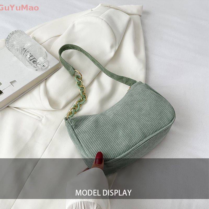 [cxGUYU] Túi Xách Đeo Dưới Cánh Tay / Đeo Vai / Cầm Tay Bằng Nhung Kẻ Màu Trơn Có Khóa Kéo Thời Trang Thường Ngày Prt