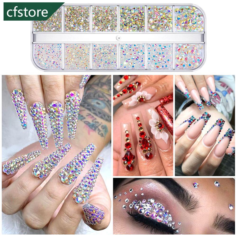 Bộ 12 Hộp Đá Pha Lê Trong Suốt Đế Phẳng Nhiều Kích Cỡ Trang Trí Móng Nghệ Thuật A9U9