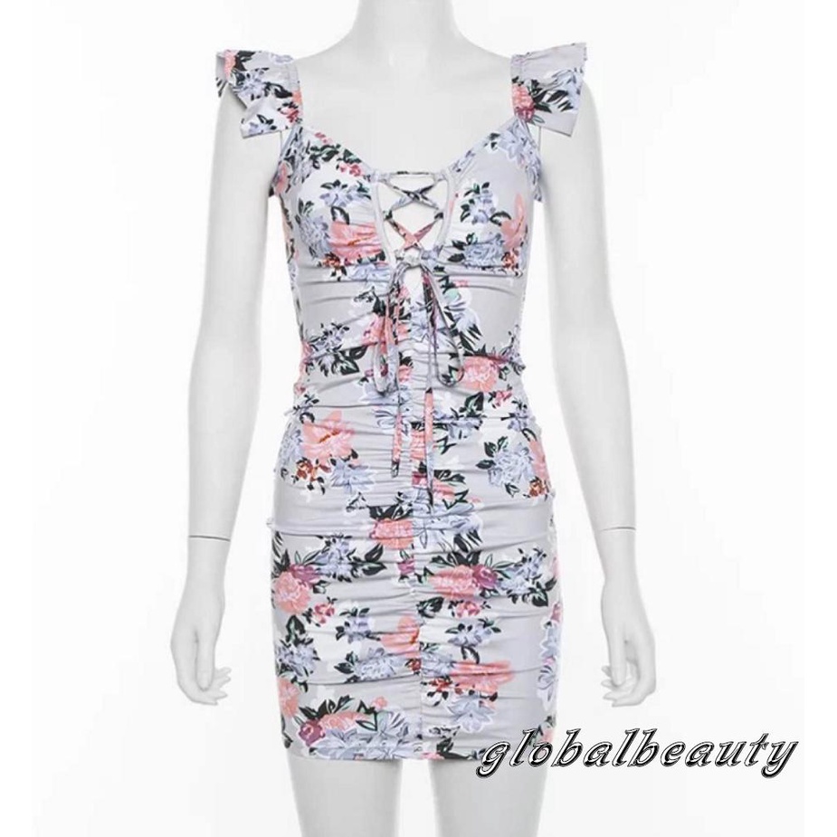 Đầm Mini Cổ Chữ V Không Tay 00GB In Họa Tiết Hoa Phối Dây Cột Thời Trang Đường Phố Thanh Lịch Cho Nữ
