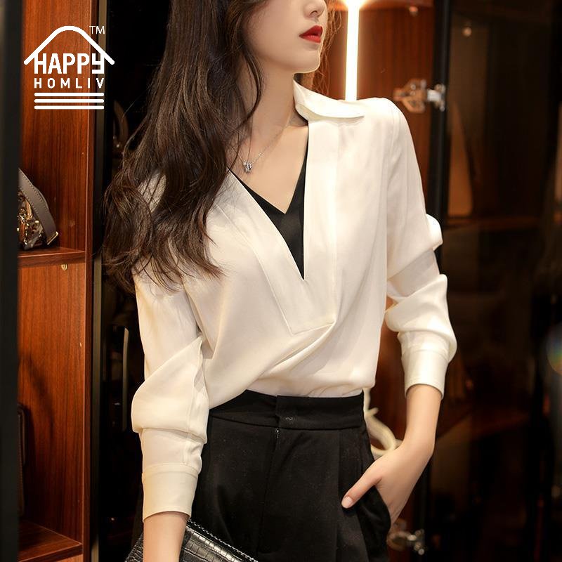 HAPPY HOMLIV Hàng Mới Về Áo Sơ Mi Voan Cổ Chữ V Tay Dài Màu Sắc Tương Phản Trẻ Trung Thanh Lịch 2022