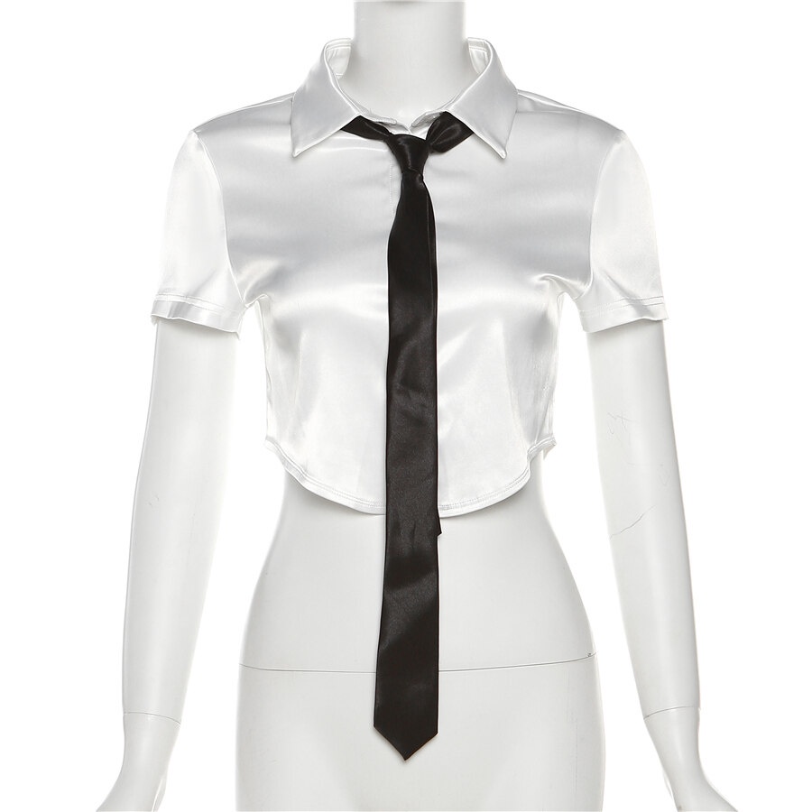 Weird Puss Áo Sơ Mi Croptop Tay Ngắn Cổ Polo Phối Cà Vạt Thiết Kế Đơn Giản Thời Trang Cho Nữ