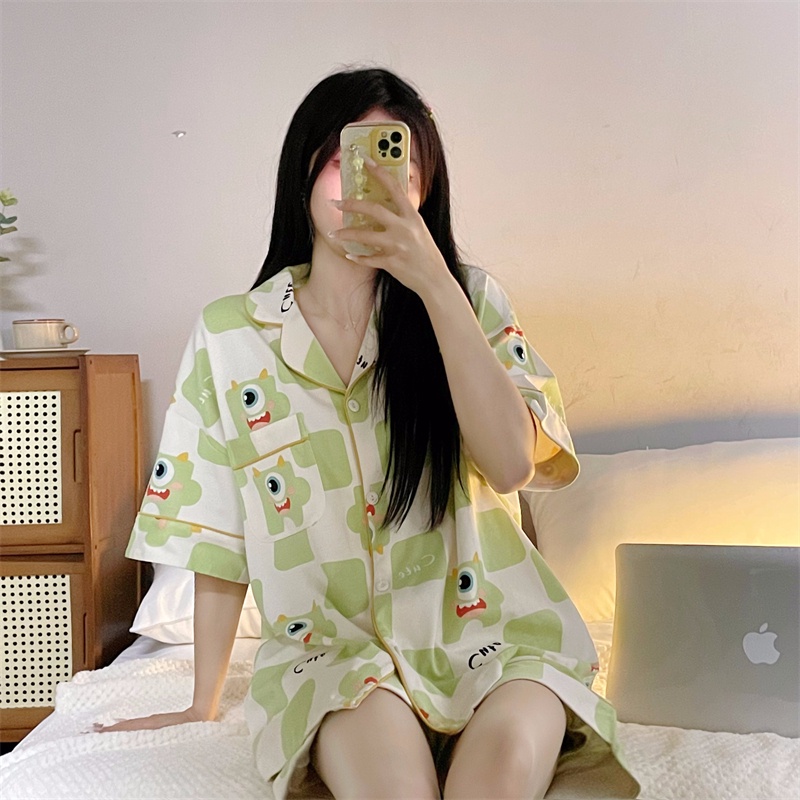 Bộ Đồ Ngủ Hai Mảnh In Họa Tiết Hoạt Hình Dễ Thương Phong Cách Hàn Quốc Thời Trang Mùa Hè Cho Bạn Gái