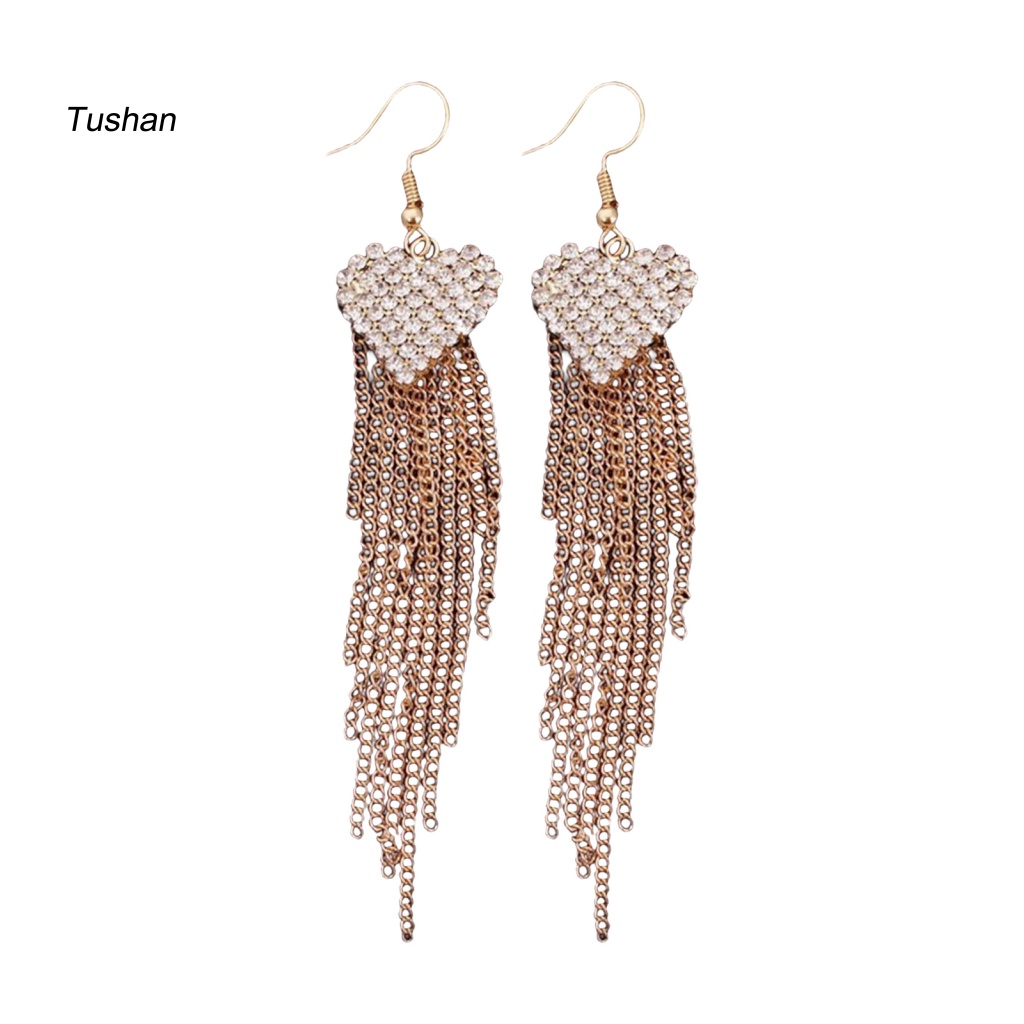 Bông Tai Dài Hình Trái Tim Đính Đá Lấp Lánh Dành Cho Nữ