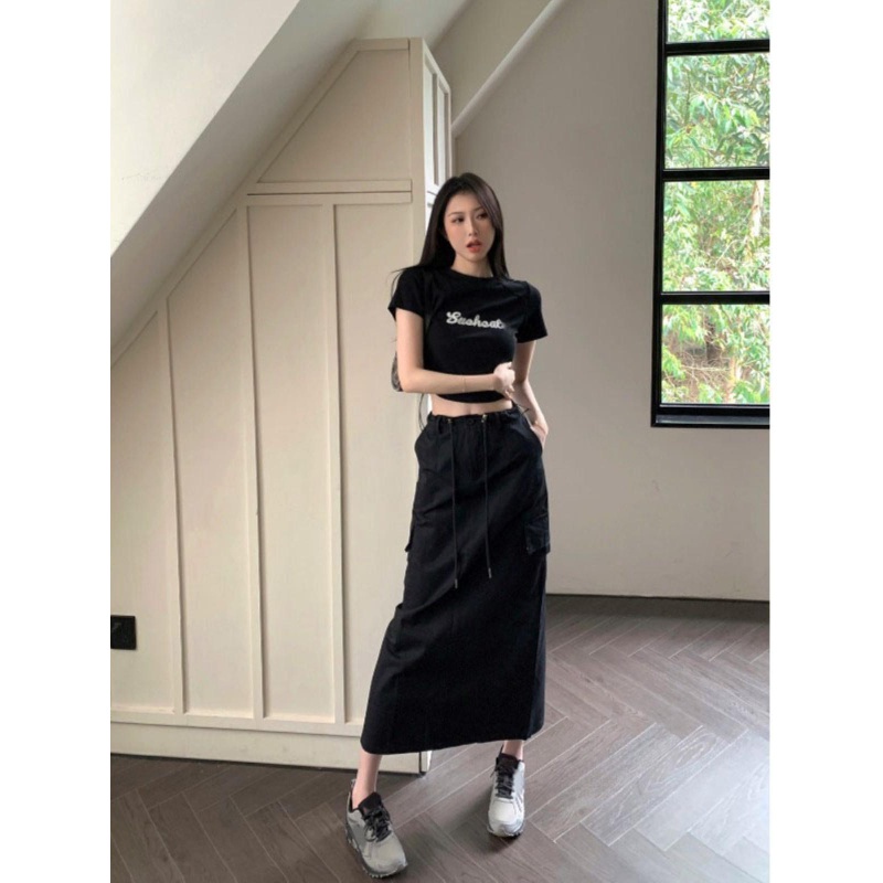 Bộ Áo Thun Ngắn Tay + Chân Váy Chữ A Lưng Cao Thời Trang Vintage Đơn Giản Cá Tính 2023