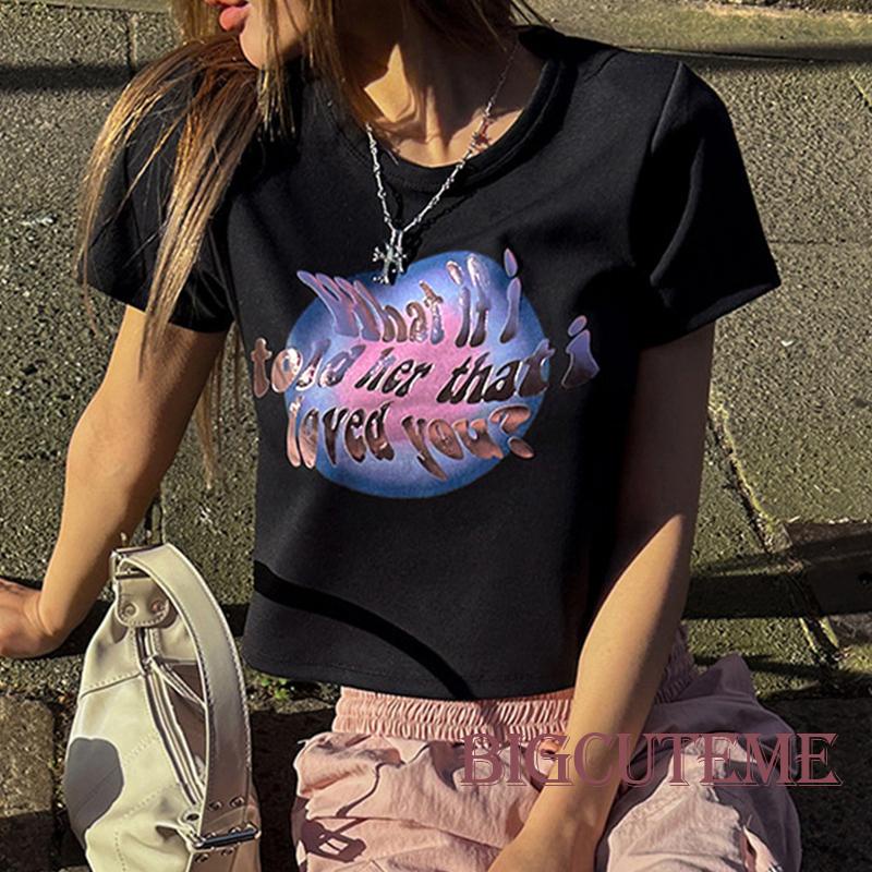 Áo Thun Lửng Ngắn Tay In Chữ Thời Trang Dành Cho Nữ