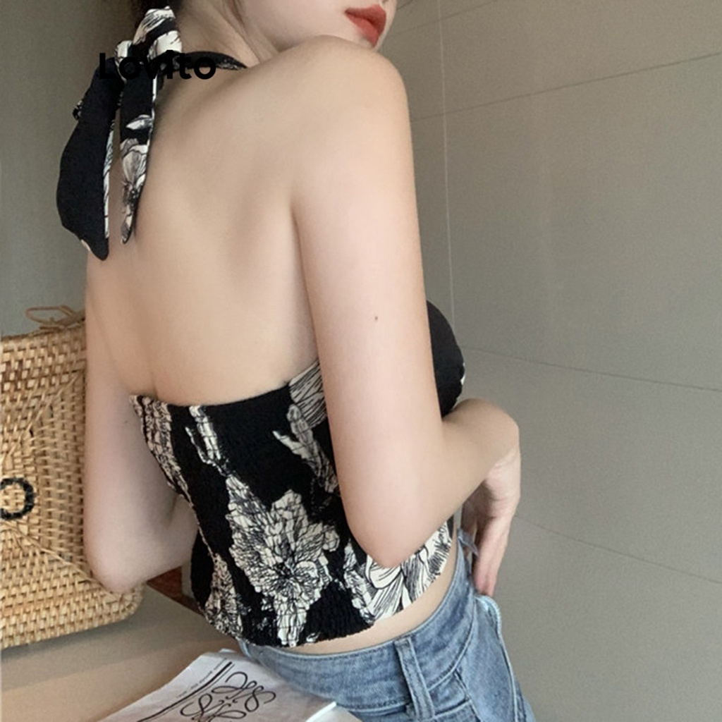 Lovito Áo ba lỗ không tay phối ren họa tiết hoa đơn giản cho nữ L49AD034 (Đen)