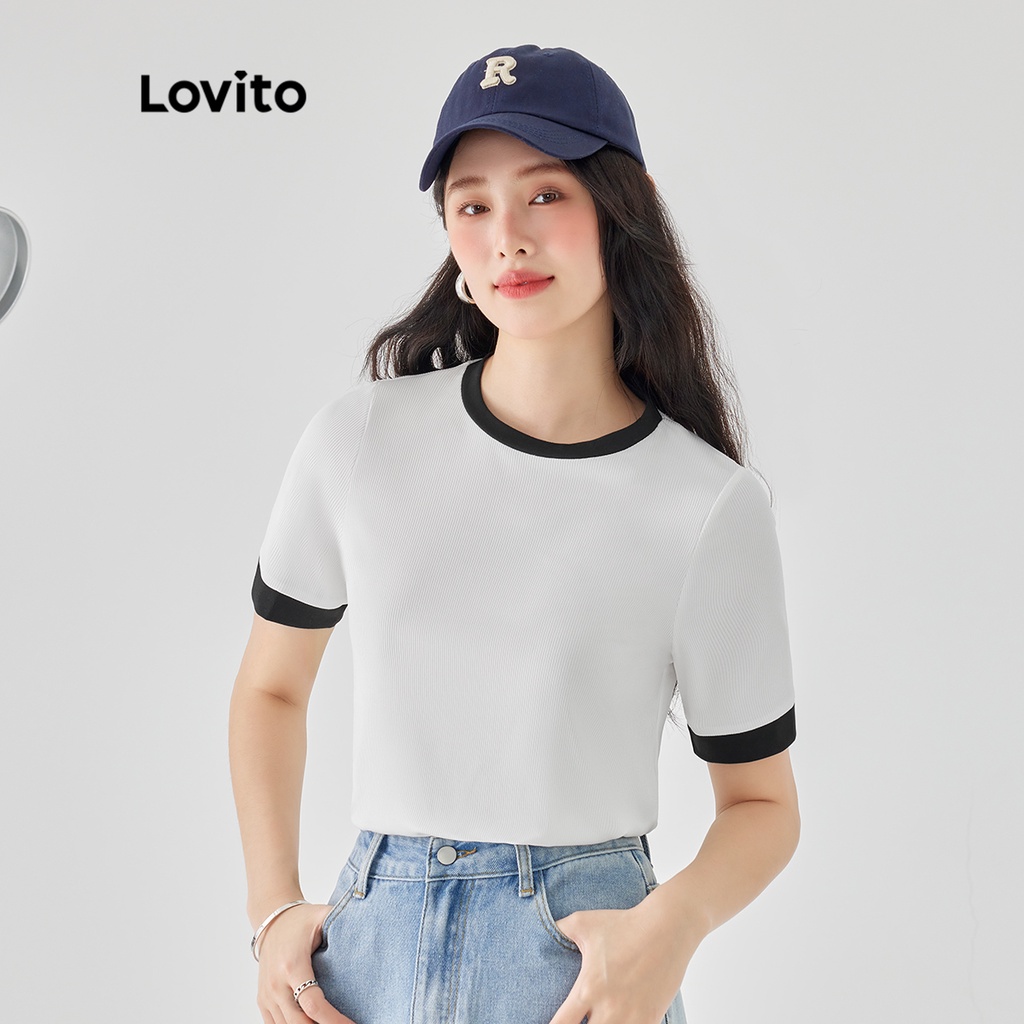 Áo thun nữ Lovito tay ngắn cổ tròn dệt kim sọc gân phối viền tương phản màu trơn thường ngày L49AD015 (Màu trắng nhạt)