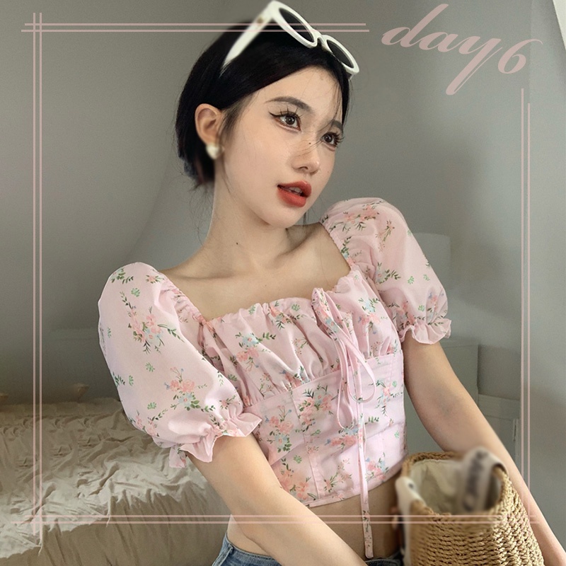 Áo Croptop Tay Phồng In Hoa Xinh Xắn Dành Cho Nữ
