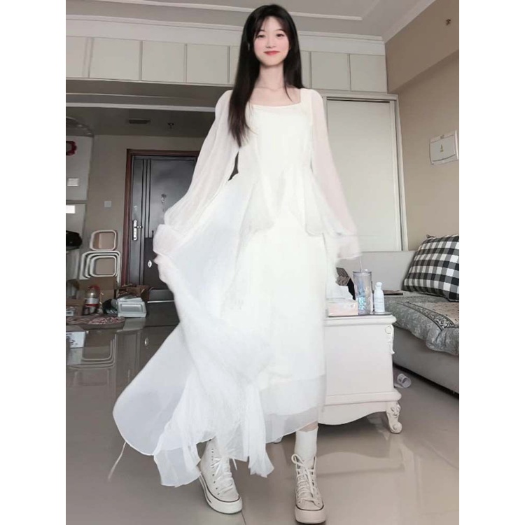 [M &amp; E] Đầm Dài Cổ Vuông Màu Trắng Phong Cách Pháp Thời Trang Xuân Thu Sang Trọng Dành Cho Nữ