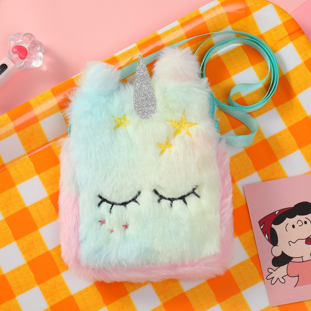 Túi Đeo Chéo Hình Vuông Nhỏ Phủ Lông Họa Tiết Kỳ Lân Hoạt Hình Dễ Thương Phong Cách Hàn Quốc Cho Bé Gái