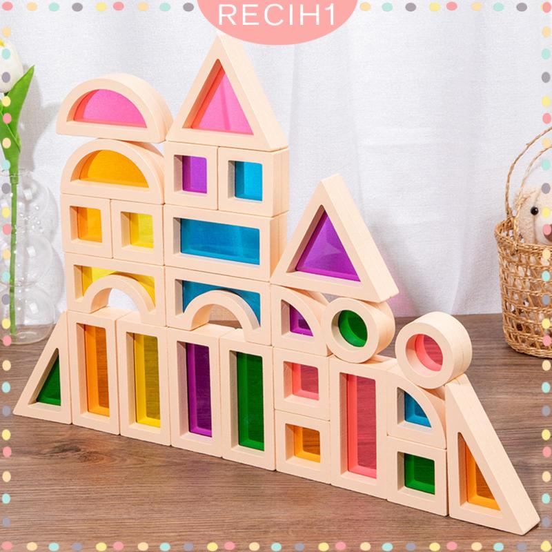 Bộ 25 Khối Gỗ Xây Dựng Hình Học Màu Cầu Vồng Dành Cho Trẻ Em 3-5 Tuổi