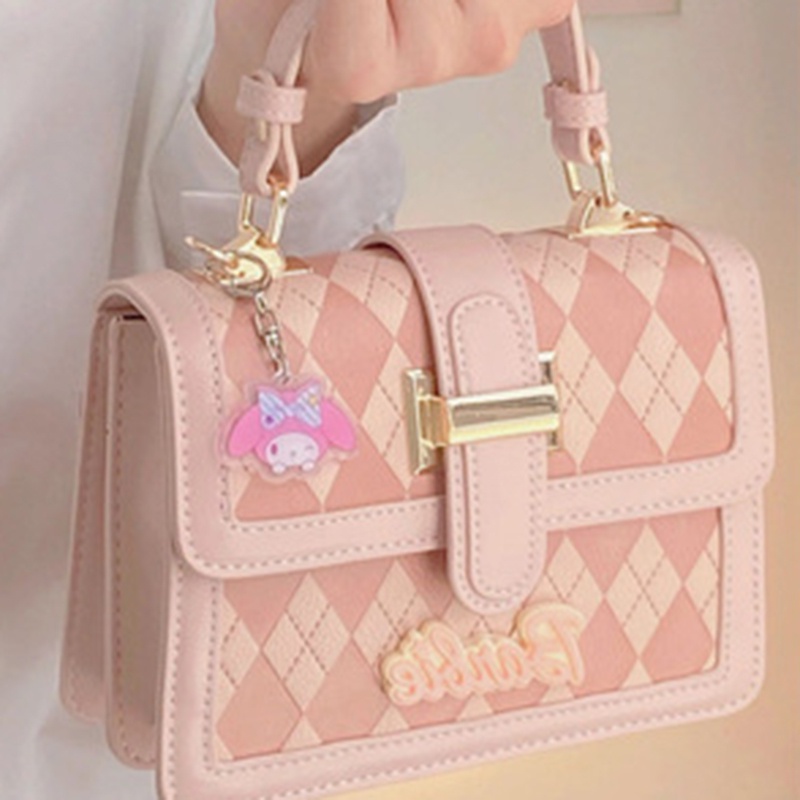 Túi Đeo Chéo Vai Hình Vuông Nhỏ Thêu Họa Tiết Hình Thoi Màu Hồng Dành Cho Nữ