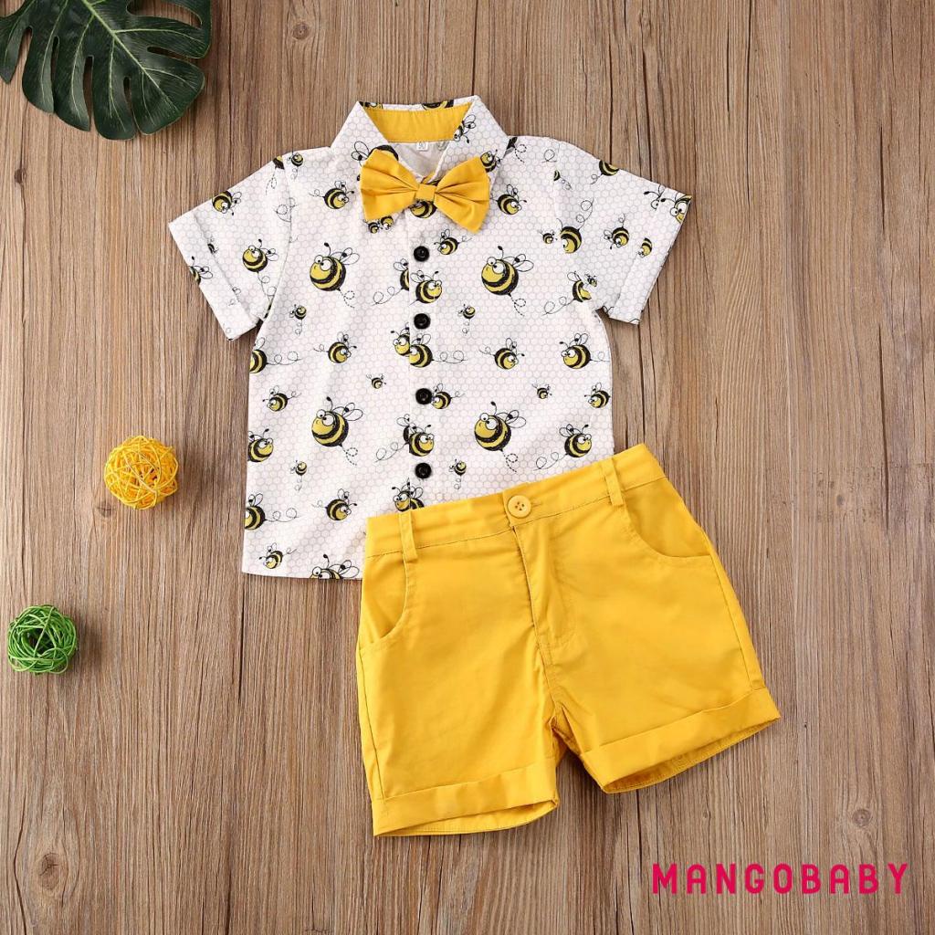 Set Đồ Mùa Hè 2 Món Gồm Áo Sơ Mi Tay Cộc Cà Vạt In Họa Tiết Ong + Quần Ngắn Màu Trơn Cho Bé Trai