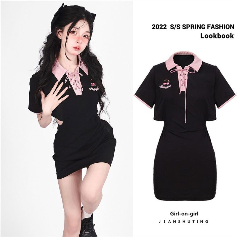 Đầm Ngắn Tay Thêu Họa Tiết Trái Cherry Xinh Xắn Dành Cho Nữ