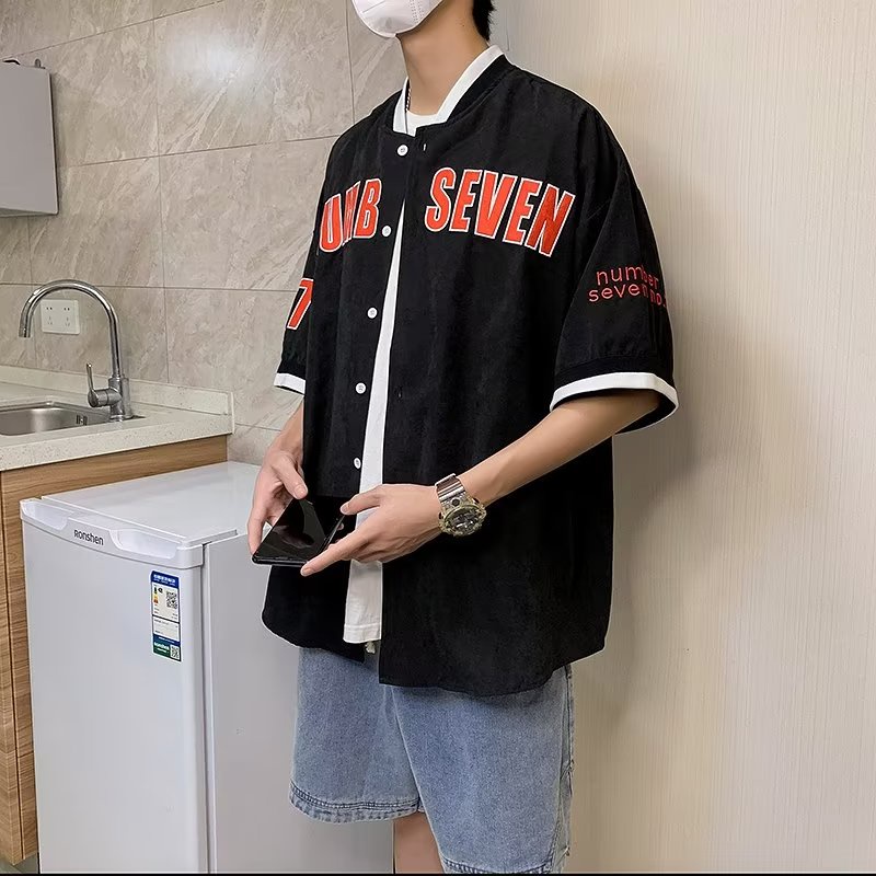 Áo Khoác Bóng Chày Ngắn Tay Dáng Rộng In Chữ Phong Cách Retro Hàn Quốc Giản Dị Dành Cho Nam