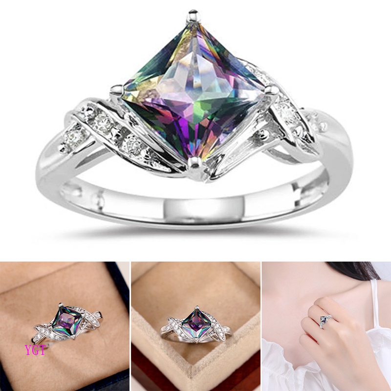 Ygt Nhẫn Cưới Đính Đá Zircon Hình Vuông Nhiều Màu Rực Rỡ Sang Trọng Cho Nữ