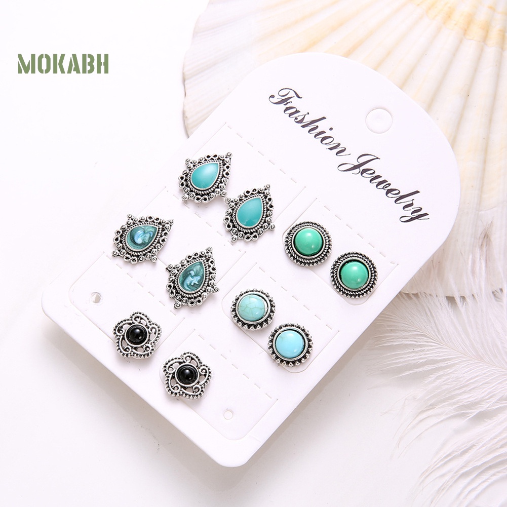 Set 5 Đôi Bông Tai Xỏ Lỗ Đính Đá Ngọc Lam Giả Phong Cách Bohemia Thời Trang