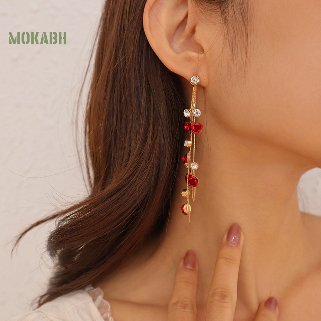 1 Bộ Vòng cổ Và Bông Tai Dáng Dài Đính Đá Màu Đỏ Tương Phản Thời Trang Dành Cho Nữ