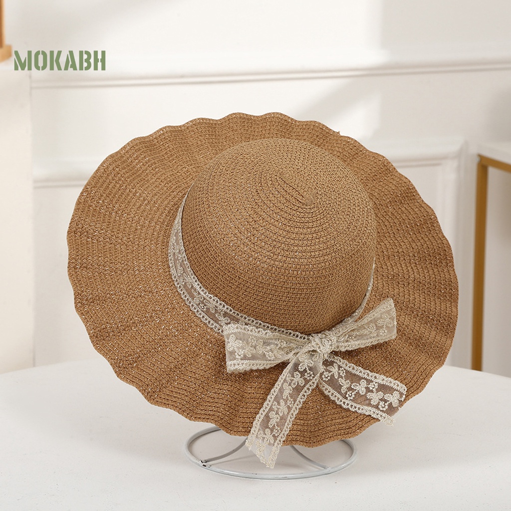 [Mok Abh] Mũ Rơm Rộng Vành Chống Nắng Thắt Nơ Thủ Công Kiểu Cổ Điển Bảo Vệ Xếp Ly Đi Biển Du Lịch Cho Nữ