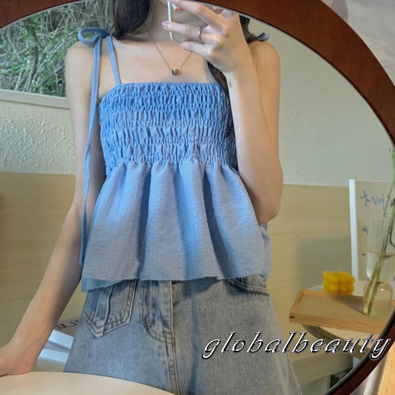 Áo Hai Dây Kiểu Xếp Ly Màu Trơn Thời Trang Mùa Hè Cho Nữ