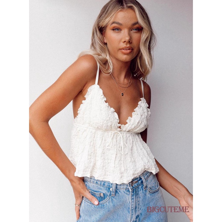 Áo Croptop Sát Nách Cổ Chữ V Nhún Bèo Màu Sắc Đơn Giản Thời Trang Cho Nữ