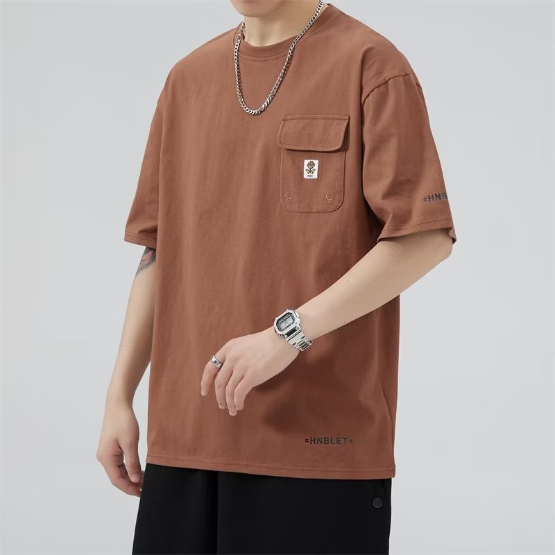 Áo Thun Cotton Ngắn Tay Màu Trơn Phối Túi Thời Trang Đường Phố Mùa Hè Cho Nam