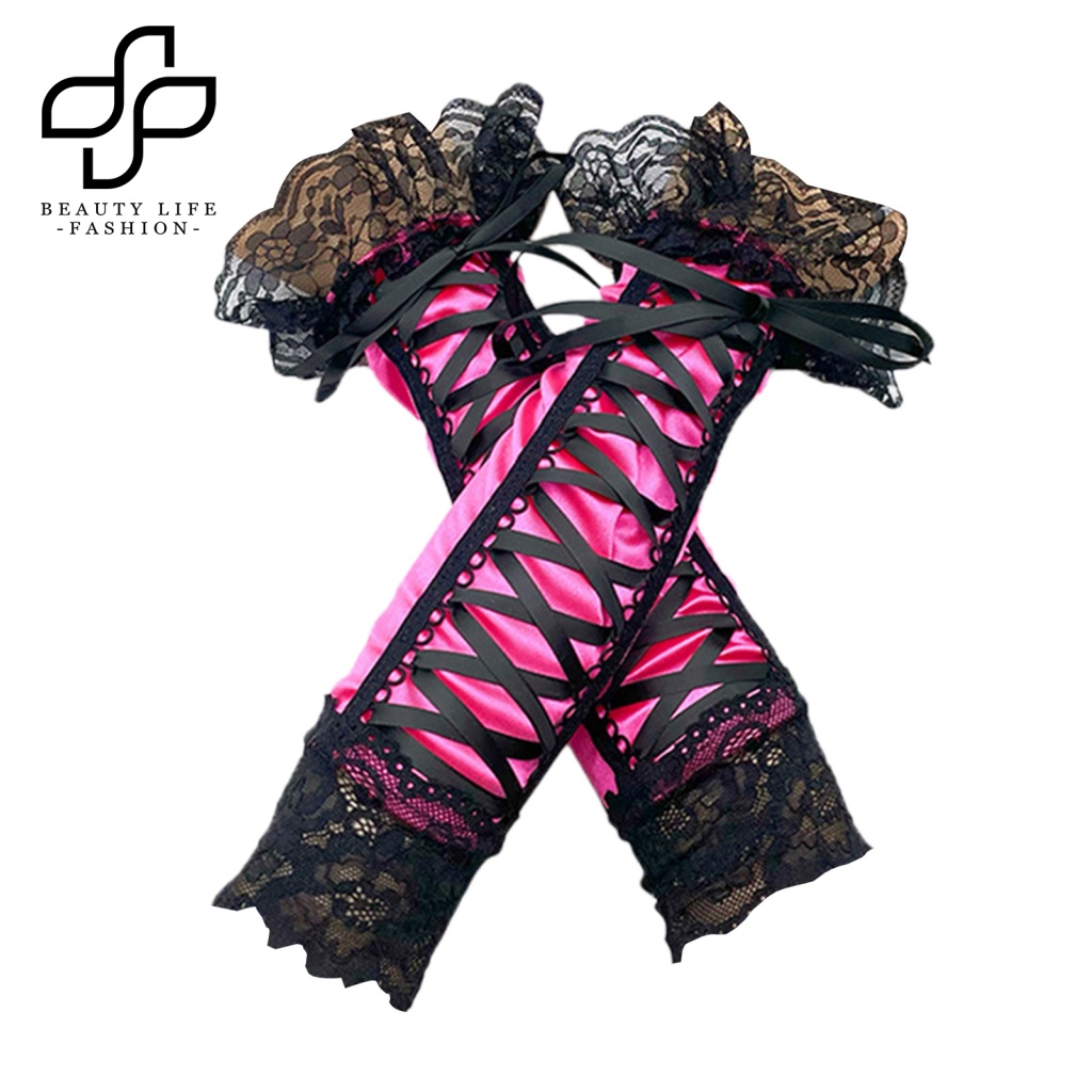 1 Đôi Găng Tay Ren Xuyên Thấu Hở Ngón Thiết Kế Dây Đan Chéo Hóa Trang Halloween