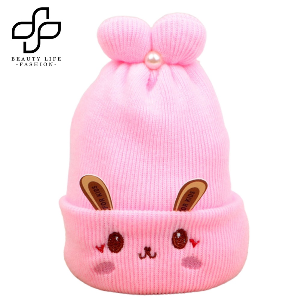 Mũ Beanie Dệt Kim Dày Dặn Đính Ngọc Trai Giả Thêu Hình Tai Thỏ Dễ Thương Thời Trang Thu Đông Cho Bé 0-6 Tháng Tuổi