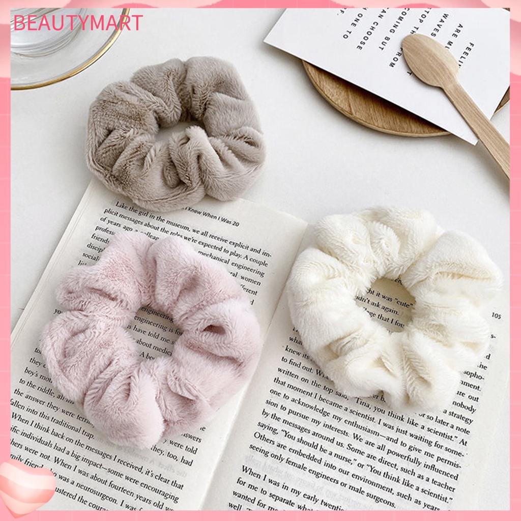 Dây Cột Tóc Màu Trơn Phủ Lông Mềm Mại Giữ Ấm Mùa Đông Cho Nữ