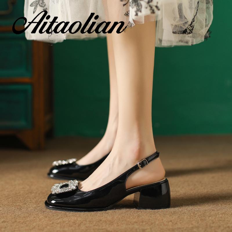 Xăng đan Cao Gót 5cm Bằng Da Mềm Mũi Vuông Màu Trơn Thời Trang Cho Nữ