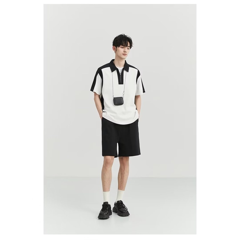 Áo Thun polo Tay Ngắn Dáng Rộng Có Khóa Kéo Phối Màu Sắc Tương Phản Thời Trang Mùa Hè Phong Cách Hàn Quốc Cho Nam Giới 23