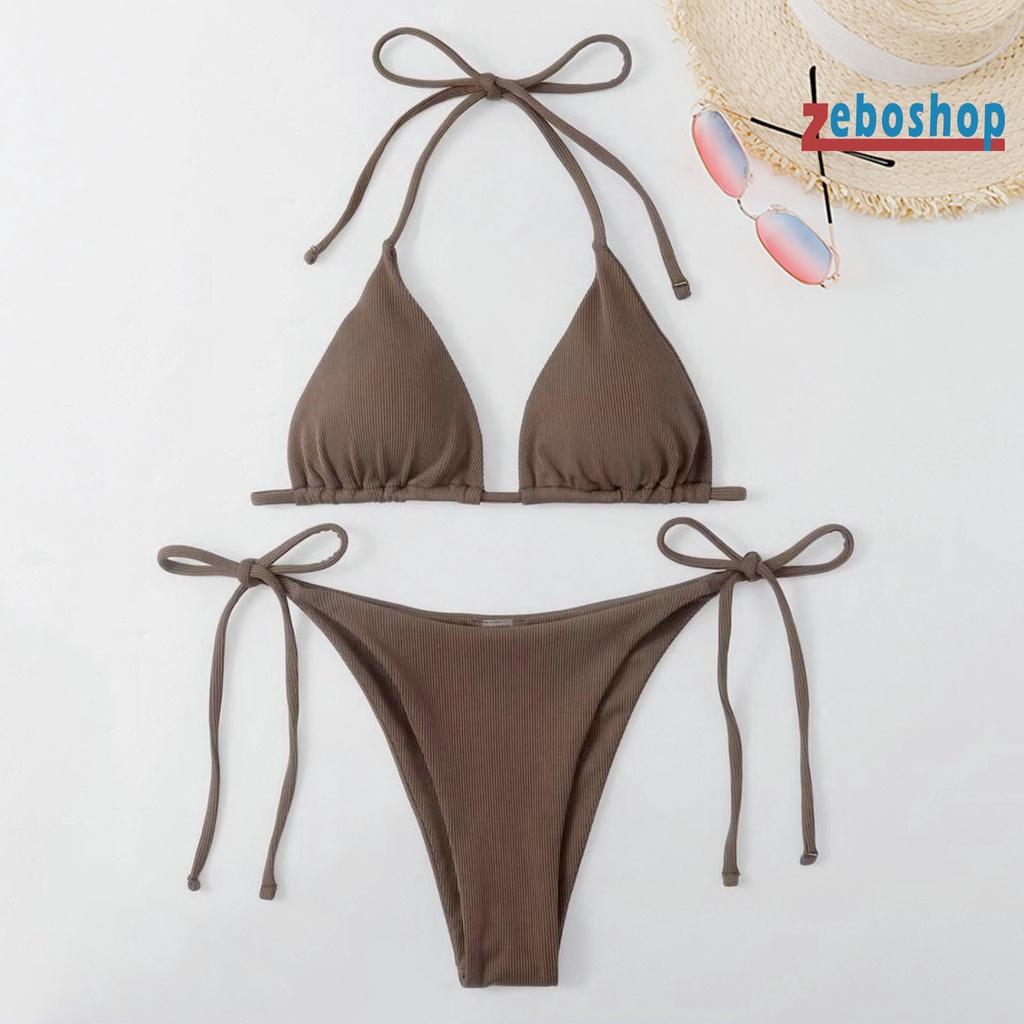 Zeboshop Set 2 Món Đồ Bơi Bikini Có Đệm Mút Nâng Ngực Hở Lưng + Quần Lọt Khe Hình Tam Giác Đi Biển