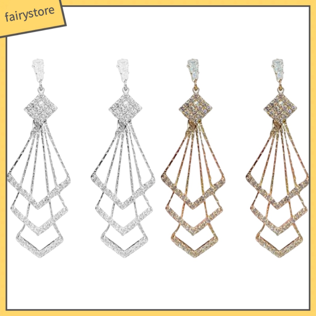 [FRO] Bông Tai Treo Ba Lớp Hình Thoi Đính Kim Cương Giả Lấp Lánh Dành Cho Nữ