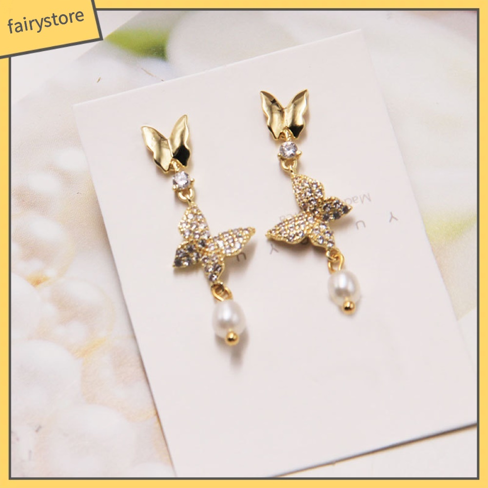 Bông Tai Hình Bướm Đính Đá Ngọc Trai Giả Thời Trang Dành Cho Nữ