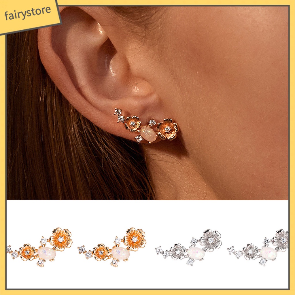 1 Đôi Bông Tai Hình Hoa Đính Đá Opal Giả Bằng Đồng Sáng Bóng Phong Cách Retro Dành Cho Nữ