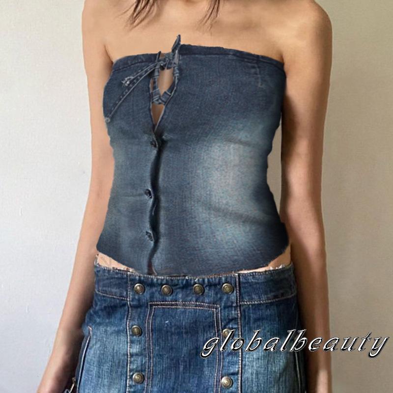 Áo Croptop Trễ Vai Chất Liệu Denim Phối Nút Thời Trang Mùa Hè Phong Cách Vintage Cho Nữ