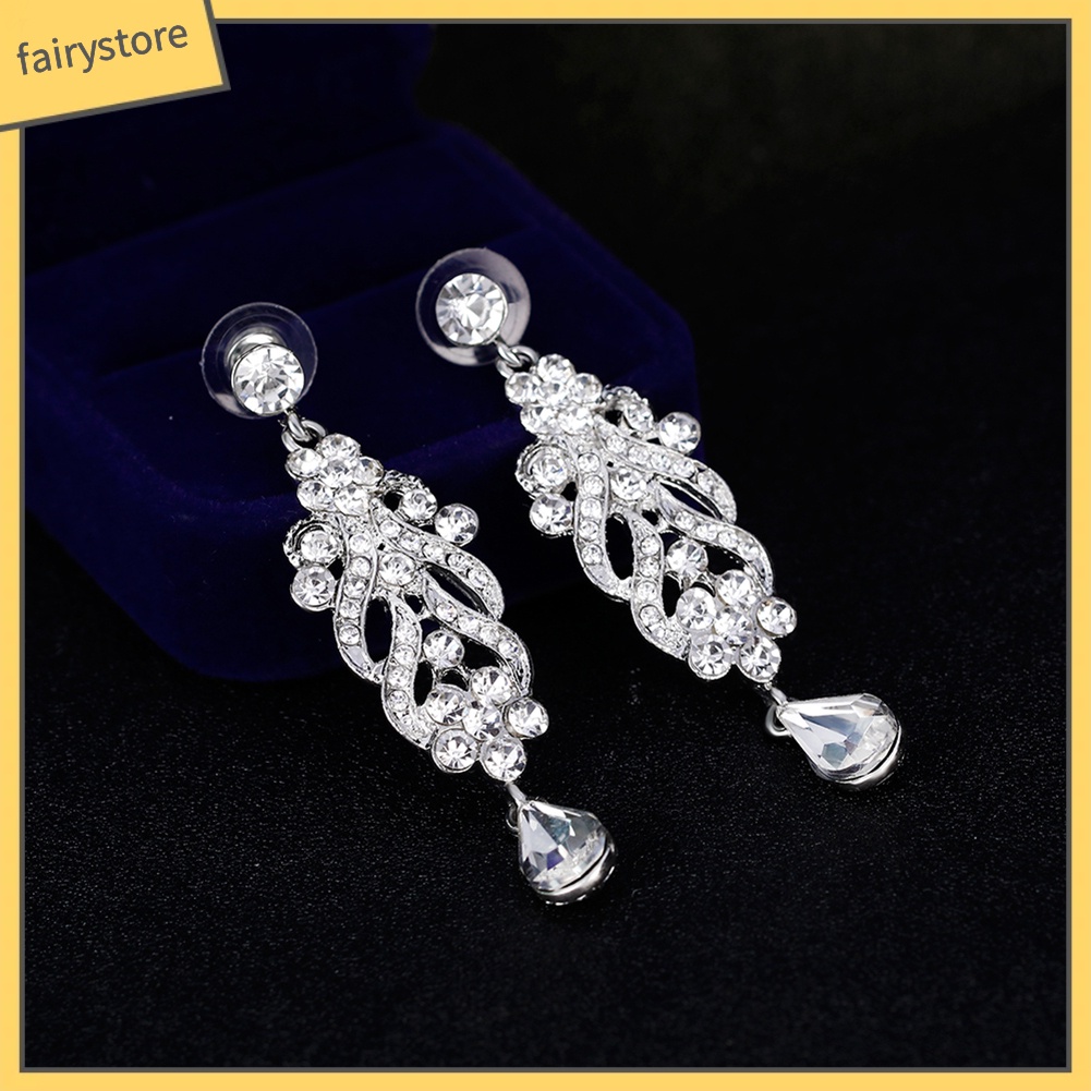 Bông Tai Dáng Dài Hình Hoa Đính Đá Lấp Lánh Cho Cô Dâu