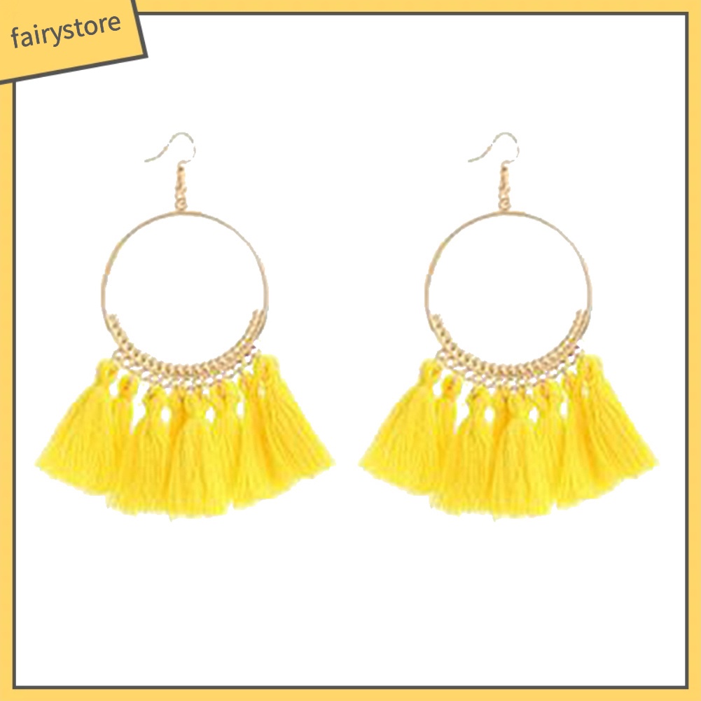 Đôi Khuyên Tai Tròn Phối Tua Rua Phong Cách Vintage Thời Trang Cho Nữ