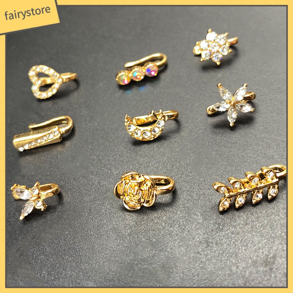 [FRO] Set 9 Khuyên Mũi Đính Kim Cương Giả Hình Xương / Mặt Trăng / Bông Hoa Không Cần