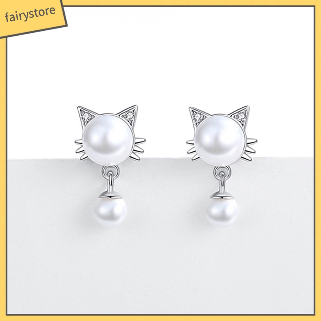 [FRO] 1 Đôi Bông Tai Dạng Treo Hình Mèo Trắng Bắt Mắt Chống Mài Mòn Trang Trí Hạt Charms