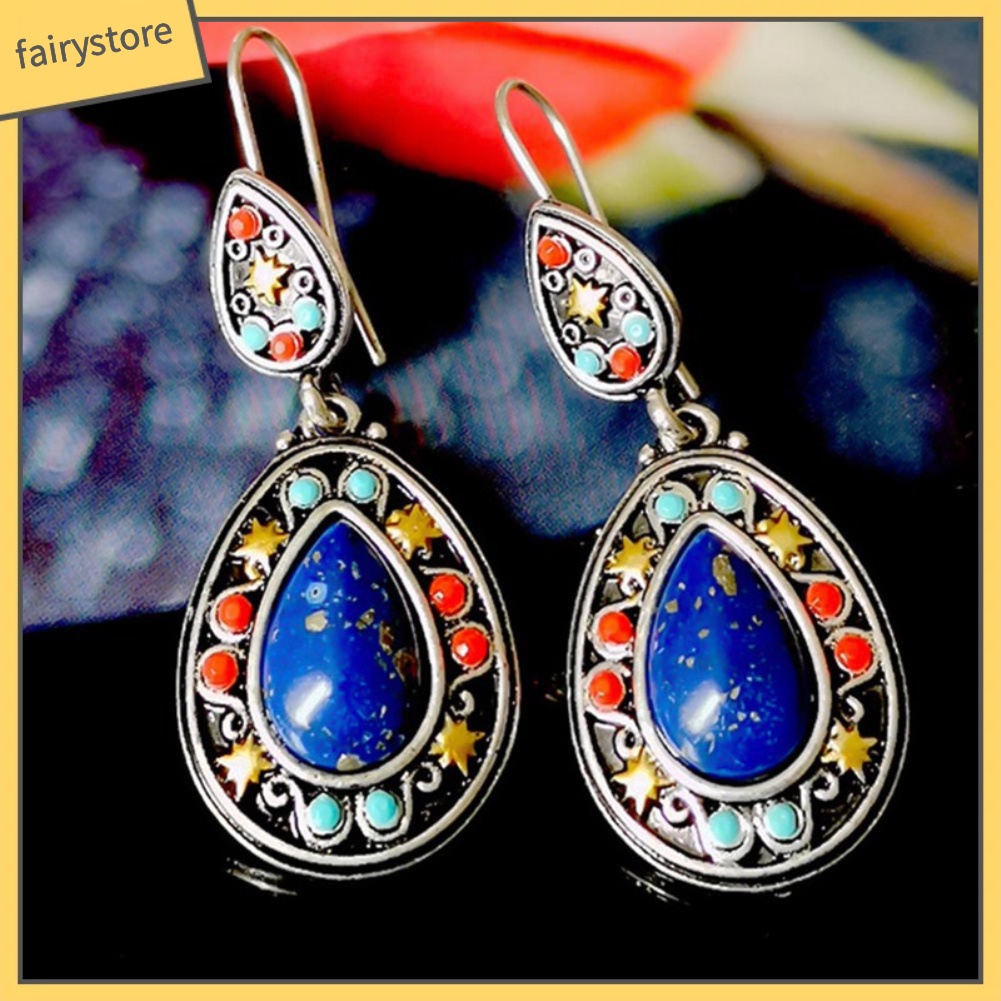 Bông Tai Hình Giọt Nước Đính Đá Ngọc Lam Giả Phong Cách Vintage Dành Cho Nữ