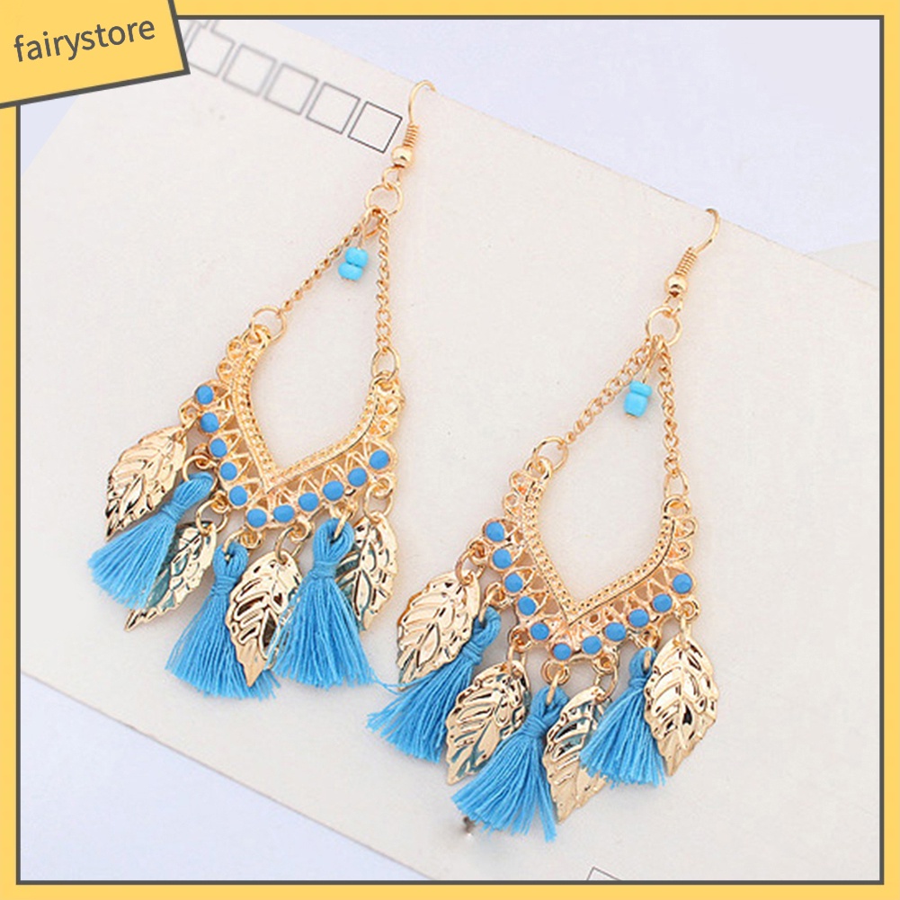 Bông Tai Dáng Dài Hình Chiếc Lá Bằng Kim Loại Phối Tua Rua Phong Cách Bohemian Thời Trang Cho Nữ