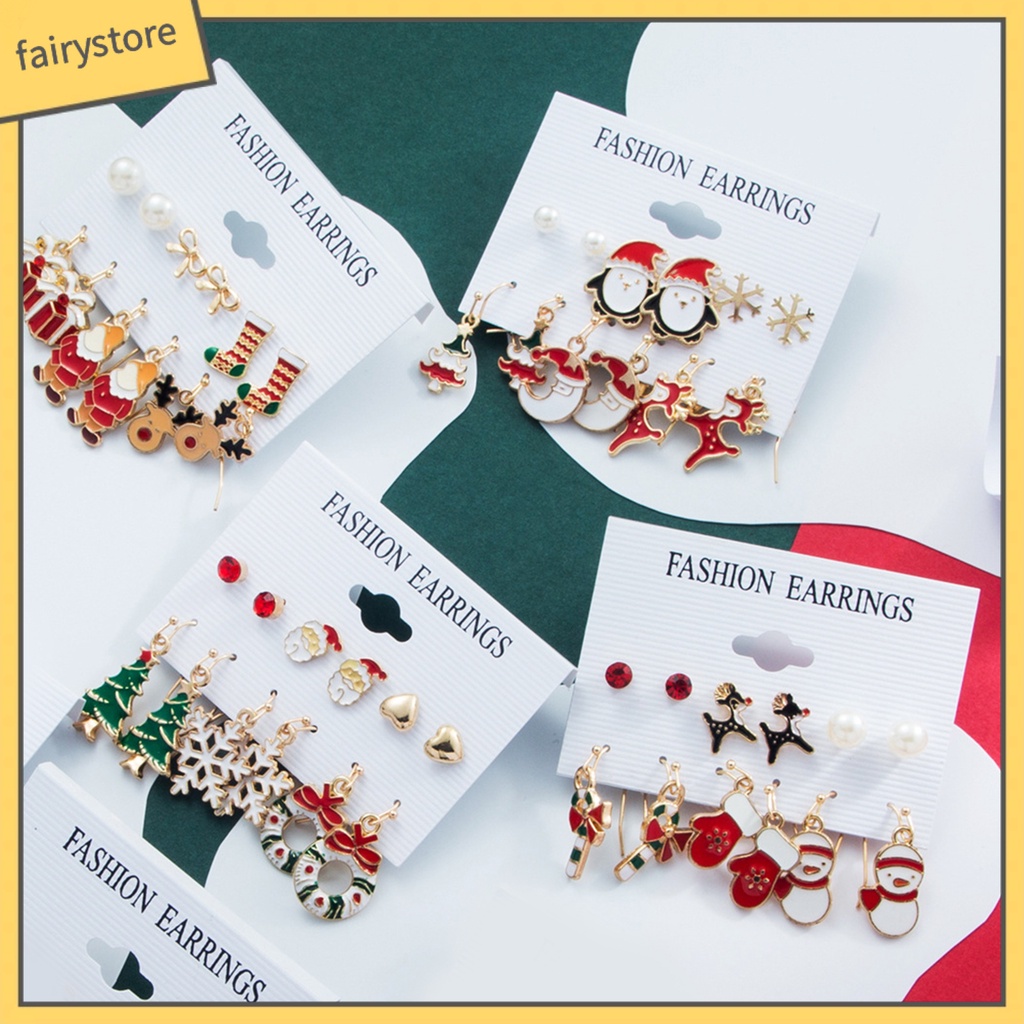 Set 6 Đôi Khuyên Tai Mạ Điện Sáng Bóng Họa Tiết Giáng Sinh