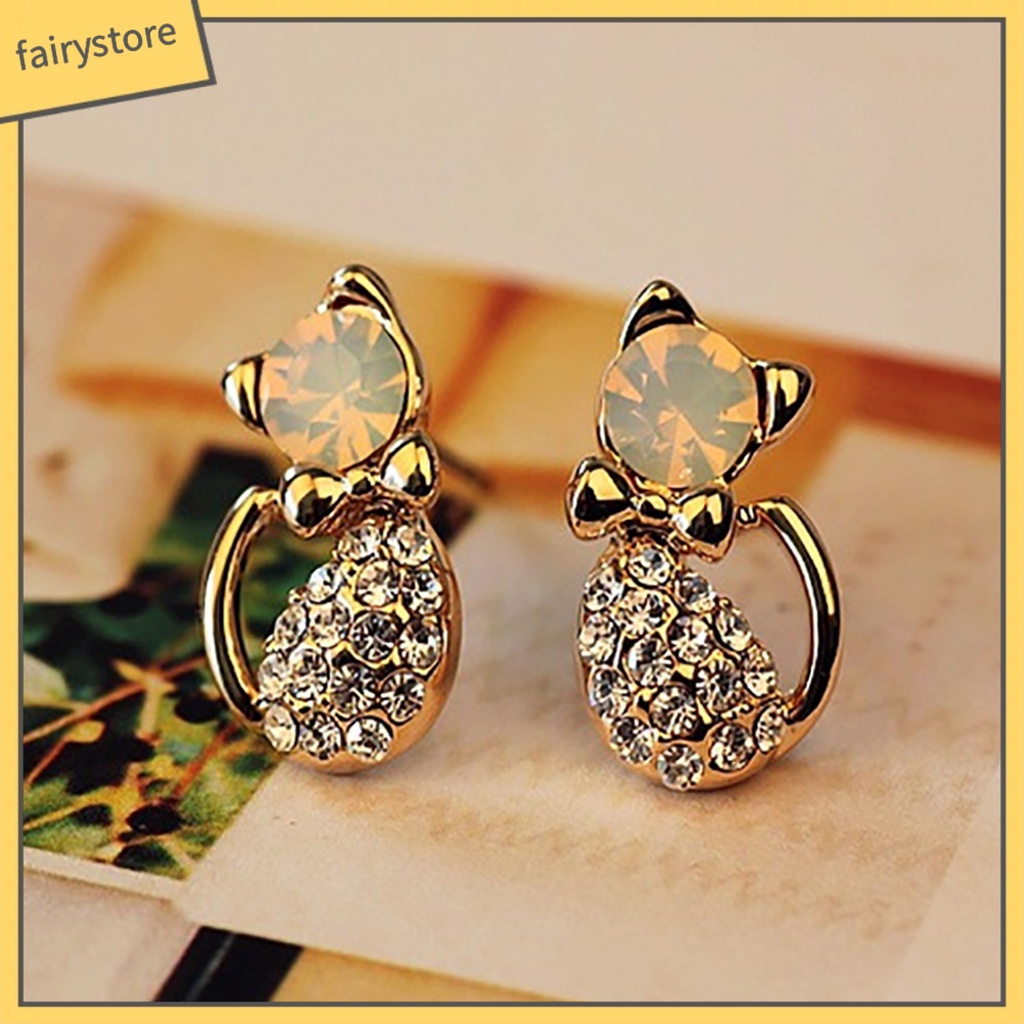 1 Đôi Bông Tai Hình Mèo Đính Đá Dễ Thương Dành Cho Nữ